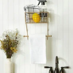 Kirkland's Home Wall Storage-Antique Gold Wire Basket Towel Rack