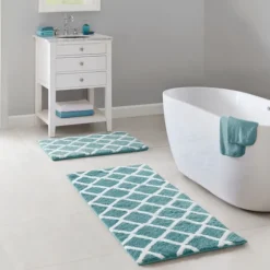 Kirkland's Home Bathroom Rugs-Aqua Geometric Pattern Reversible Bath Mat, 60 In