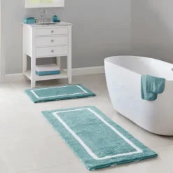 Kirkland's Home Bathroom Rugs-Aqua Geometric Pattern Reversible Bath Mat, 60 In