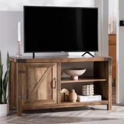 Kirkland's Home Tv Stands & Media Consoles-Barn Door Rustic Oak Tv Stand With Open Shelves