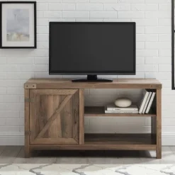 Kirkland's Home Tv Stands & Media Consoles-Barn Door Rustic Oak Tv Stand With Open Shelves