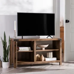 Kirkland's Home Tv Stands & Media Consoles-Barn Door Rustic Oak Tv Stand With Open Shelves