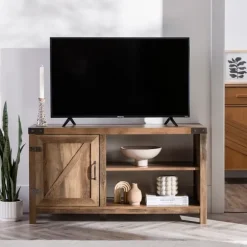 Kirkland's Home Tv Stands & Media Consoles-Barn Door Rustic Oak Tv Stand With Open Shelves
