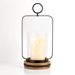 Kirkland's Home Candle Holders-Beaded Trim Wood And Metal Hurricane