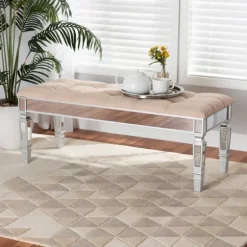Kirkland's Home Benches & Ottomans-Beige Button Tufted Bench With Mirrored Base