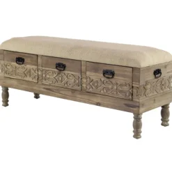 Kirkland's Home Benches & Ottomans-Beige Upholstered Acanthus Carved Wooden Bench
