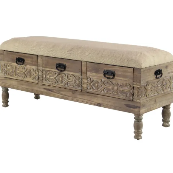 Kirkland's Home Benches & Ottomans-Beige Upholstered Acanthus Carved Wooden Bench