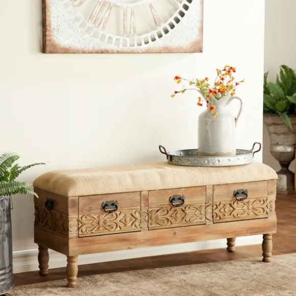 Kirkland's Home Benches & Ottomans-Beige Upholstered Acanthus Carved Wooden Bench