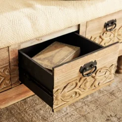 Kirkland's Home Benches & Ottomans-Beige Upholstered Acanthus Carved Wooden Bench