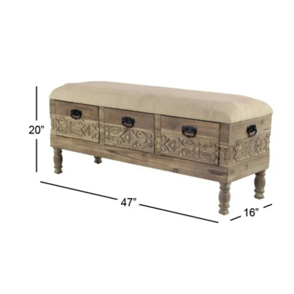 Kirkland's Home Benches & Ottomans-Beige Upholstered Acanthus Carved Wooden Bench