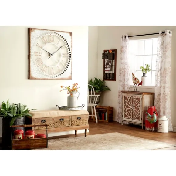 Kirkland's Home Benches & Ottomans-Beige Upholstered Acanthus Carved Wooden Bench