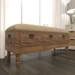 Kirkland's Home Benches & Ottomans-Beige Upholstered Acanthus Carved Wooden Bench