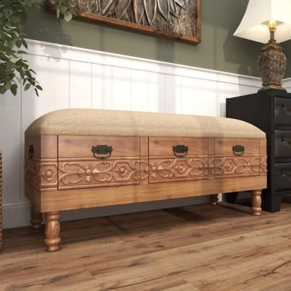 Kirkland's Home Benches & Ottomans-Beige Upholstered Acanthus Carved Wooden Bench