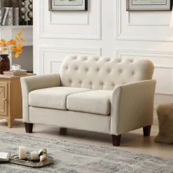 Kirkland's Home Sofas & Loveseats-Beige Upholstered Button Tufted Loveseat