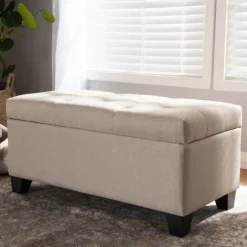 Kirkland's Home Benches & Ottomans-Beige Upholstered Storage Ottoman