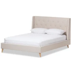 Kirkland's Home Beds & Headboards-Beige Upholstered Wingback Queen Platform Bed