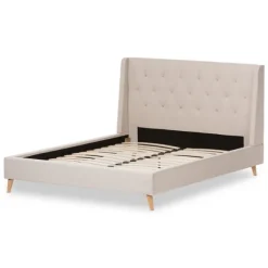 Kirkland's Home Beds & Headboards-Beige Upholstered Wingback Queen Platform Bed