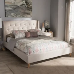 Kirkland's Home Beds & Headboards-Beige Upholstered Wingback Queen Platform Bed