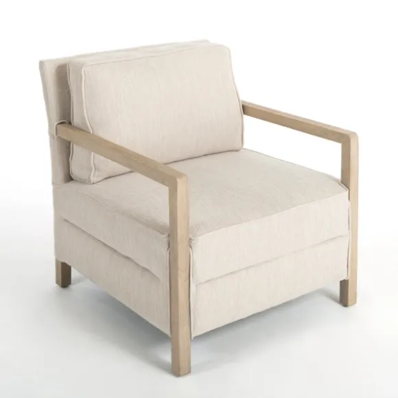 Kirkland's Home Accent Chairs-Beige Upholstered Wood Arm Accent Chair
