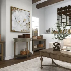 Kirkland's Home Console Tables-Beige Wood And Metal Half Moon Console Table