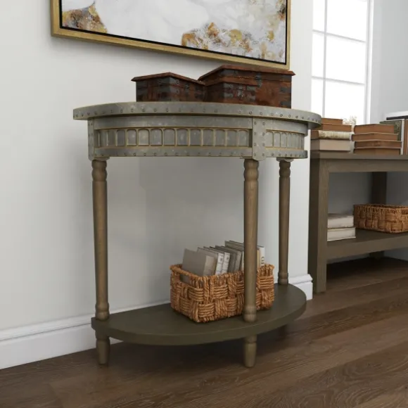 Kirkland's Home Console Tables-Beige Wood And Metal Half Moon Console Table