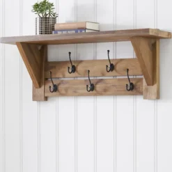 Kirkland's Home Hooks-Beth Acacia Wood Wall Shelf With Hooks