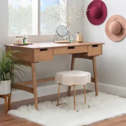Kirkland's Home Office Furniture-Birch Wood And Rattan Desk
