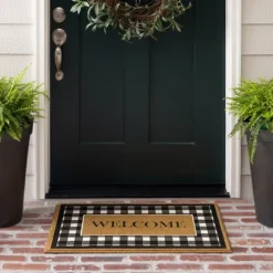 Kirkland's Home Doormats-Black And White Buffalo Check Welcome Doormat