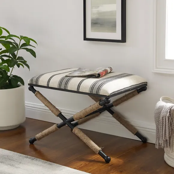 Kirkland's Home Benches & Ottomans-Black And White Striped Upholstered Ottoman