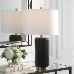 Kirkland's Home Table Lamps-Black Ceramic Ribbed Table Lamp