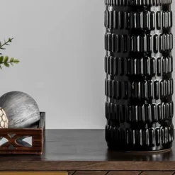 Kirkland's Home Table Lamps-Black Ceramic Stacked Lines Table Lamp