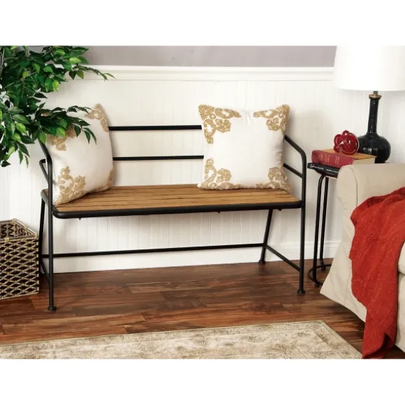Kirkland's Home Benches & Ottomans-Black Iron And Wooden Seat Industrial Bench
