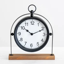 Kirkland's Home Decorative Accents-Black Metal Frame With Wood Base Tabletop Clock