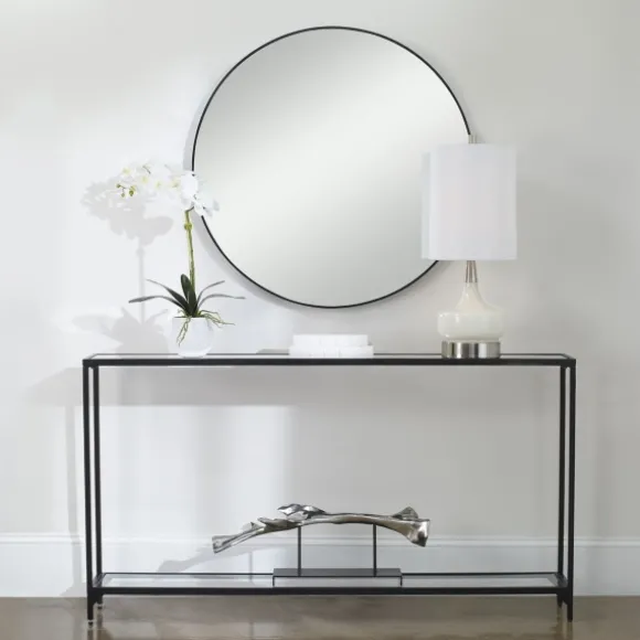 Kirkland's Home Console Tables-Black Metal Mirrored Top Console Table