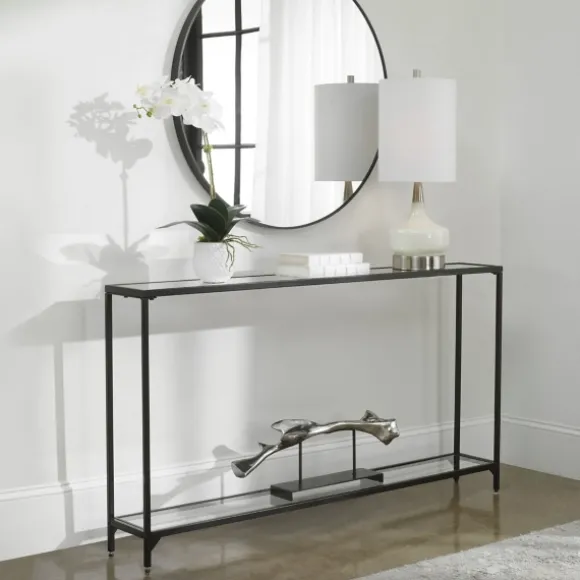 Kirkland's Home Console Tables-Black Metal Mirrored Top Console Table