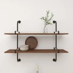 Kirkland's Home Shelves-Black Metal Pipe Two-Tier Wall Mounted Shelf