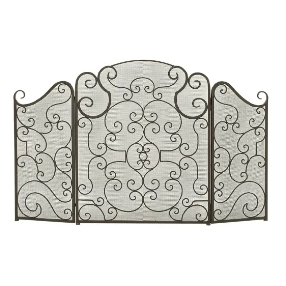 Kirkland's Home Fireplace Accessories-Black Metallic Scroll Three-Panel Fire Screen