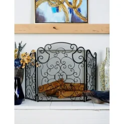 Kirkland's Home Fireplace Accessories-Black Metallic Scroll Three-Panel Fire Screen