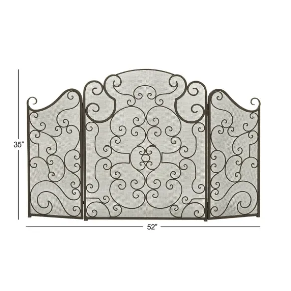 Kirkland's Home Fireplace Accessories-Black Metallic Scroll Three-Panel Fire Screen