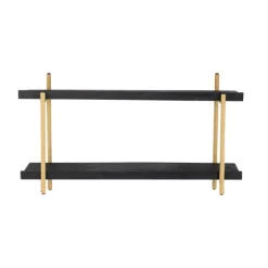 Kirkland's Home Shelves-Black Rattan Wrapped Double Tiered Wall Shelf