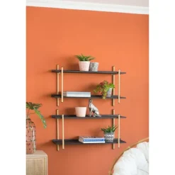 Kirkland's Home Shelves-Black Rattan Wrapped Double Tiered Wall Shelf