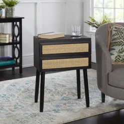 Kirkland's Home Accent & End Tables-Black Two-Drawer Rattan Front Accent Table