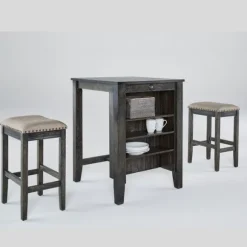 Kirkland's Home Kitchen Islands & Bar Carts-Black Wood Linen 3-Pc. Usb Island And Stool Set