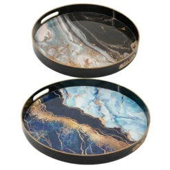 Kirkland's Home Decorative Trays-Blue And Gray Round Abstract Trays, Set Of 2