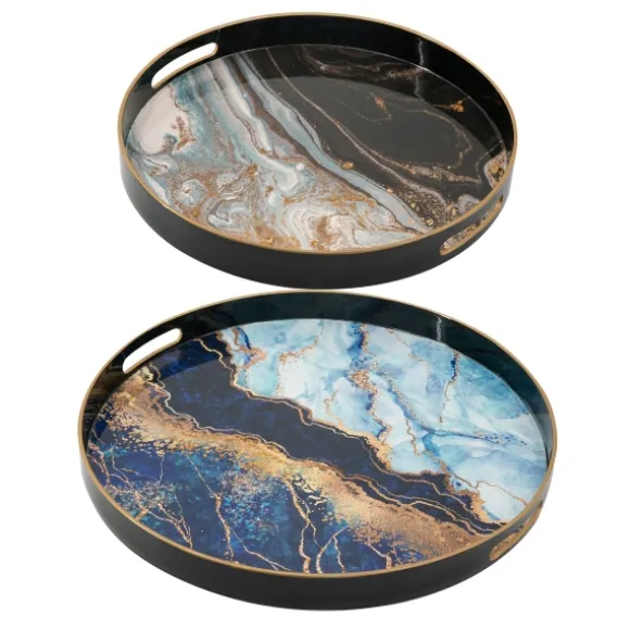 Kirkland's Home Decorative Trays-Blue And Gray Round Abstract Trays, Set Of 2