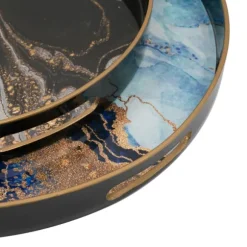 Kirkland's Home Decorative Trays-Blue And Gray Round Abstract Trays, Set Of 2