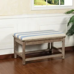 Kirkland's Home Benches & Ottomans-Blue And White Striped Upholstered Wood Bench