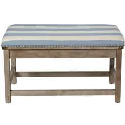 Kirkland's Home Benches & Ottomans-Blue And White Striped Upholstered Wood Bench