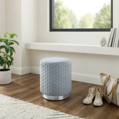 Kirkland's Home Benches & Ottomans-Blue Quilted Honeycomb Ottoman