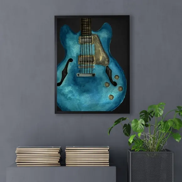 Kirkland's Home Framed Art-Blue Watercolor Guitar Framed Art Print